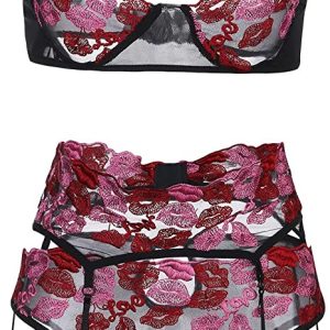 Sinifer Women's Mesh Bra Panties and Skirt Lingerie Set with Garter Belt 4 Piece